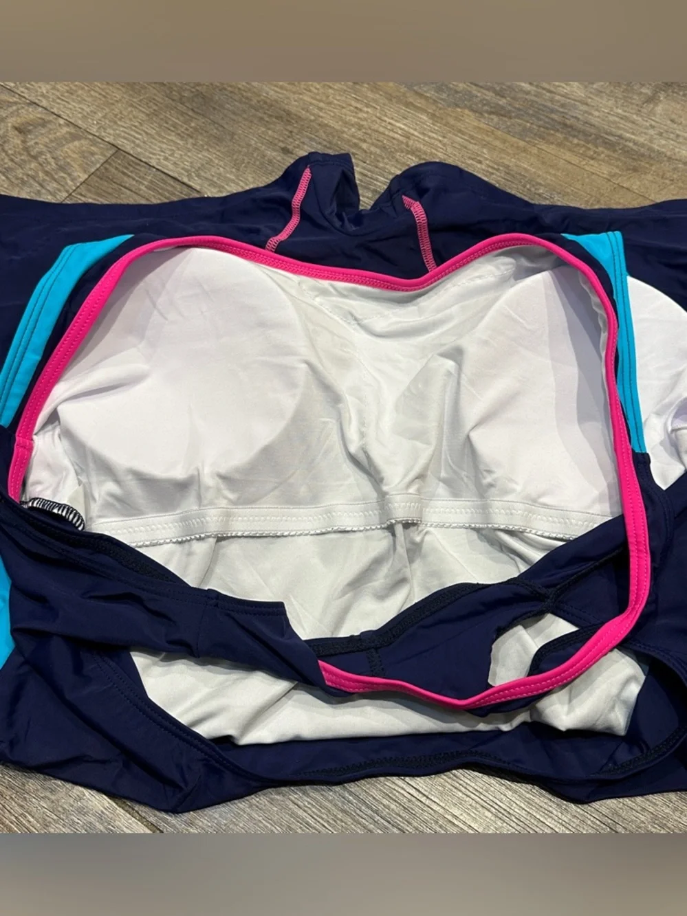 Navy Blue Athletic One-Piece Swim Suit with Turquoise & Pink Accents 2XL NWOT